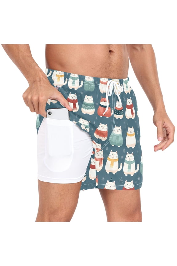 Men's Cute Cat Swim Trunks with Liner Pocket Beach Shorts L