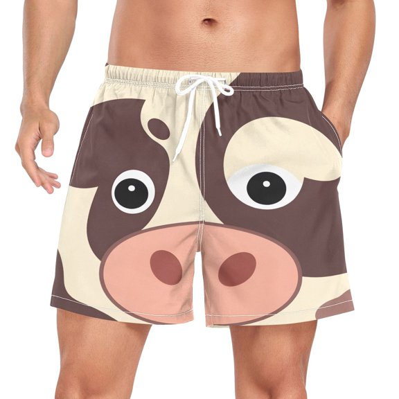 joogoo Men's Cute Cow Face Swim Trunks with Liner Pocket Beach Shorts Large