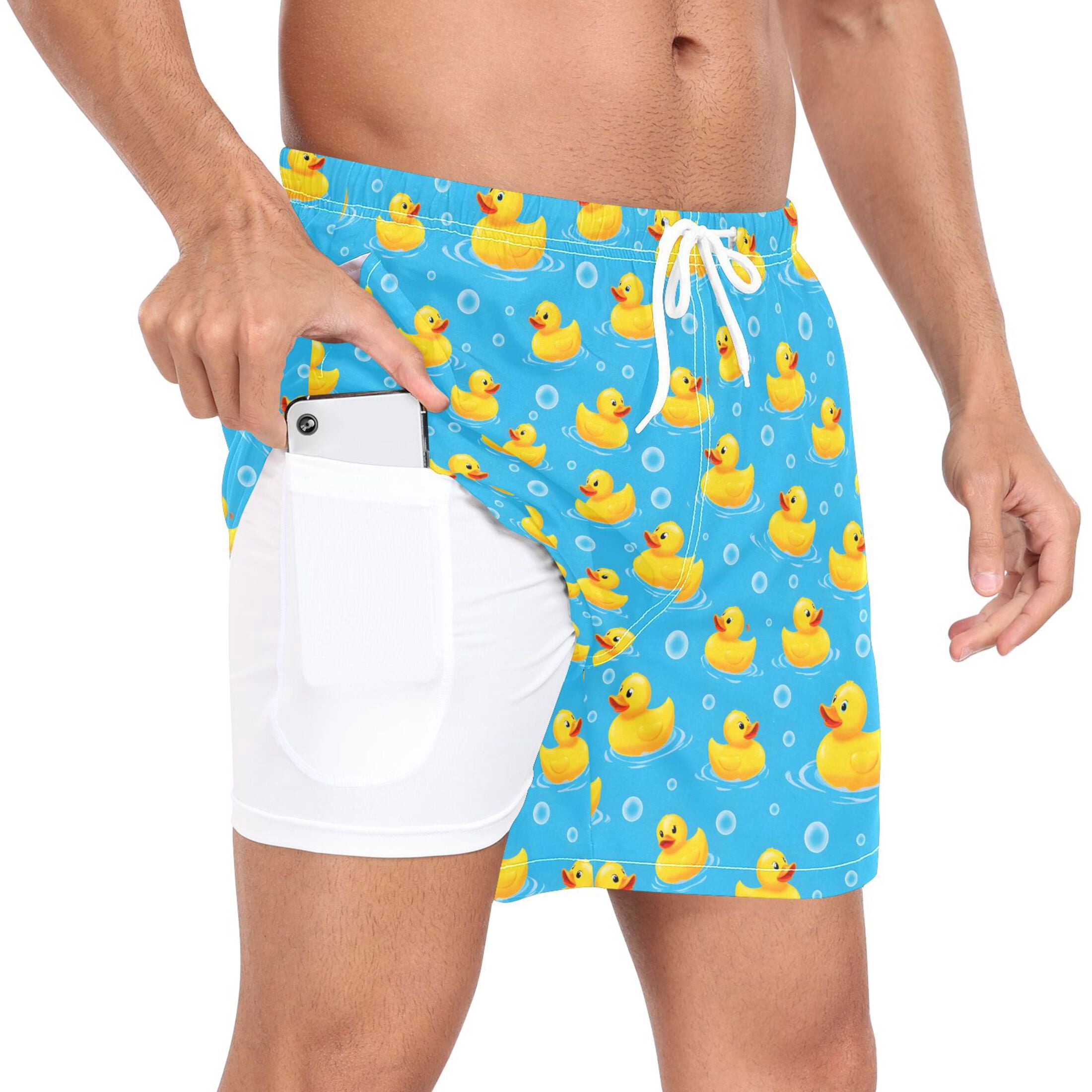 joogoo Men's Cute Ducks Bubbles Swim Trunks with Liner Pocket Beach Shorts L