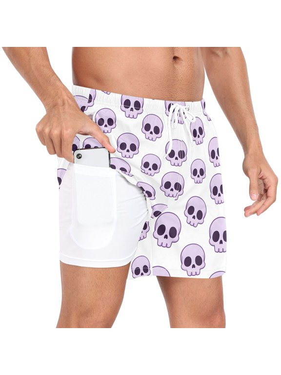 Men's Cute Skeletons Funny Swim Trunks with Liner Pocket Beach Shorts L