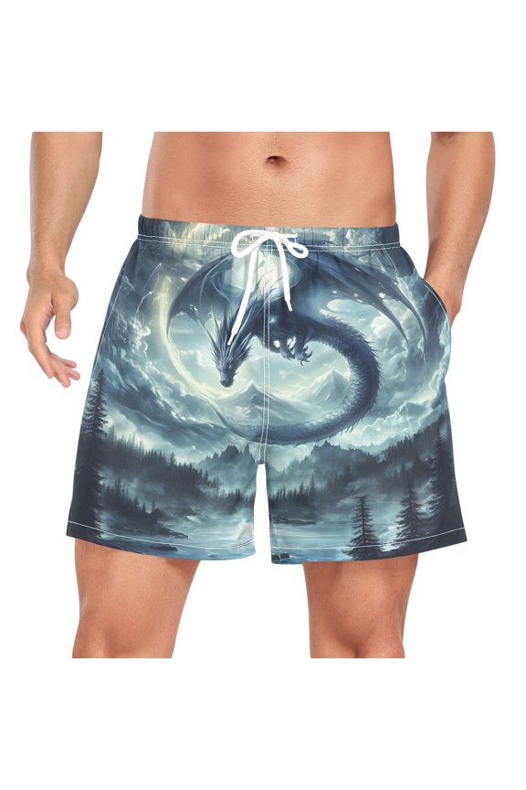 Men's Dragon at Moonlight Swim Trunks with Liner Pocket Beach Shorts Small