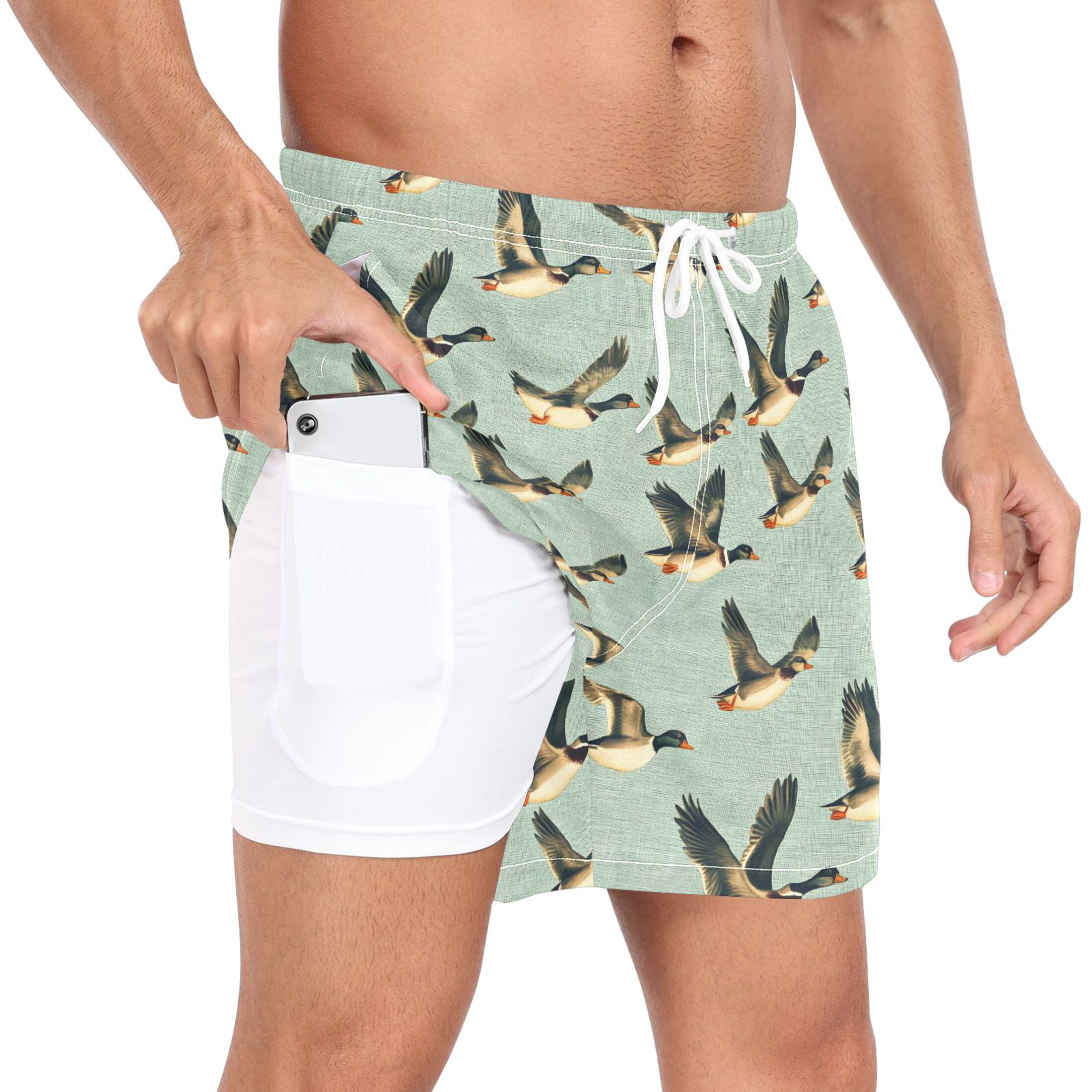 joogoo Men's Ducks Flying Swim Trunks with Liner Pocket Beach Shorts L