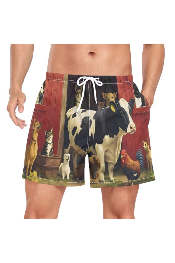 Men's Farm Animal House Swim Trunks with Liner Pocket Beach Shorts Small