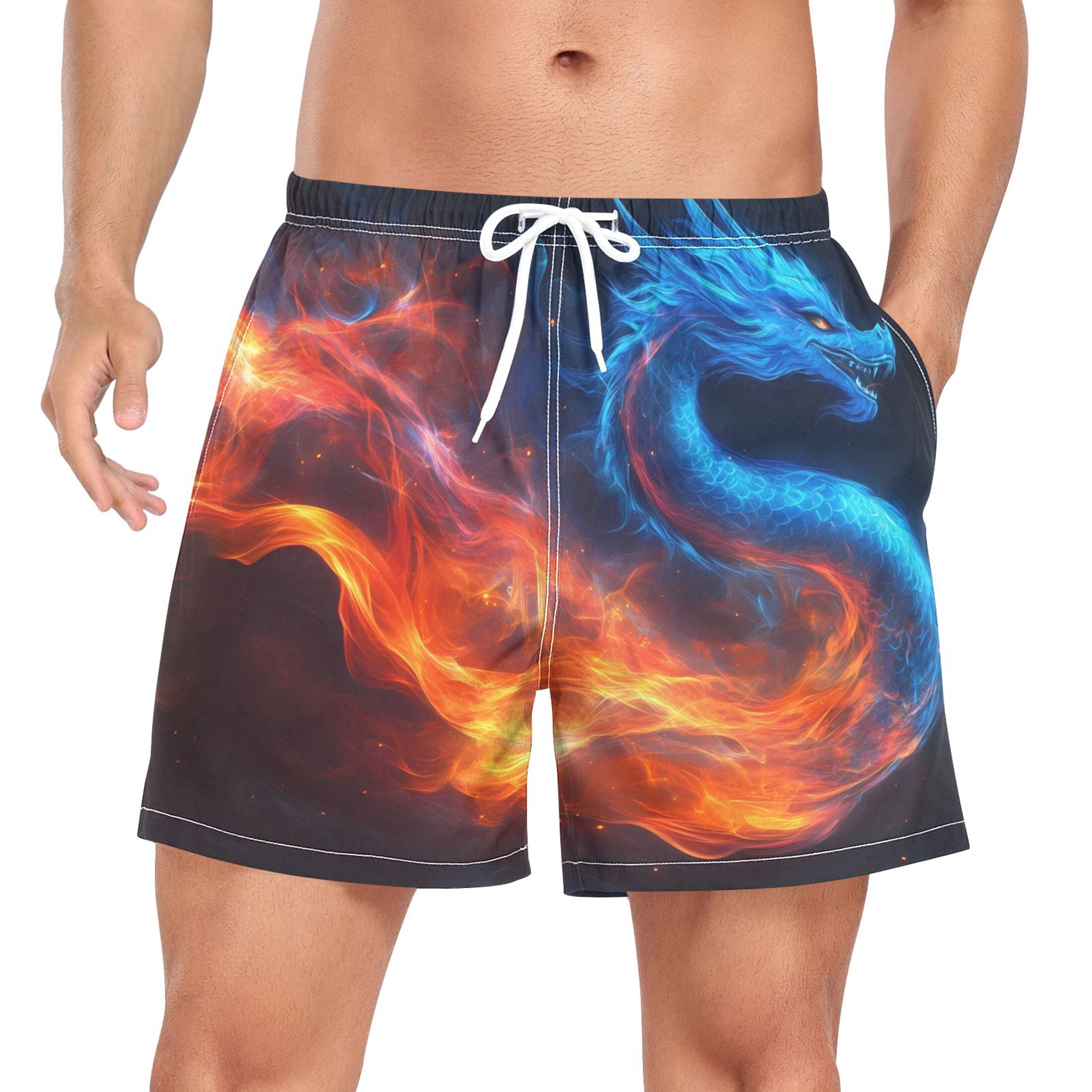 joogoo Men's Fire Dragon Swim Trunks with Liner Pocket Beach Shorts Medium
