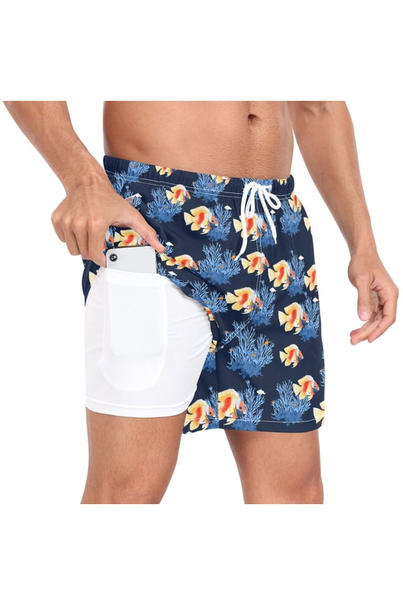 Men's Fish Corals Swim Trunks with Liner Pocket Beach Shorts M