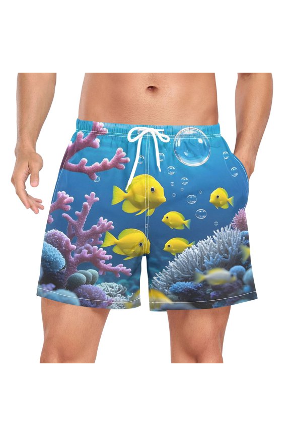 Men's Fish in Ocean Swim Trunks with Liner Pocket Beach Shorts X-Large