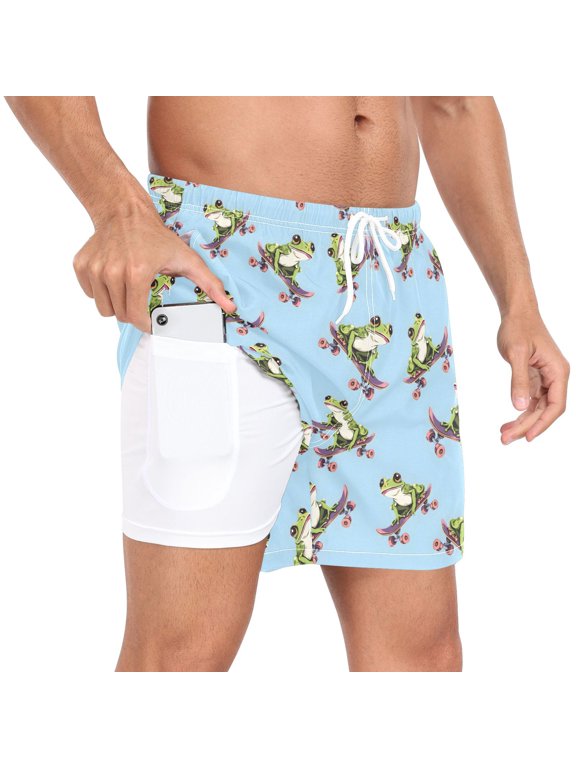 Men's Frogs Playing Skateboard Swim Trunks with Liner Pocket Beach Shorts L