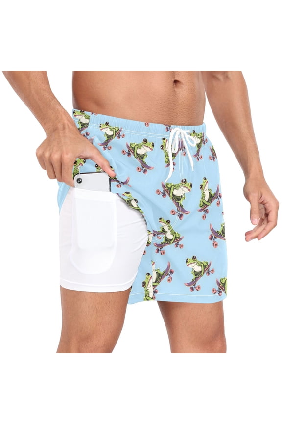 Men's Frogs Playing Skateboard Swim Trunks with Liner Pocket Beach Shorts XL
