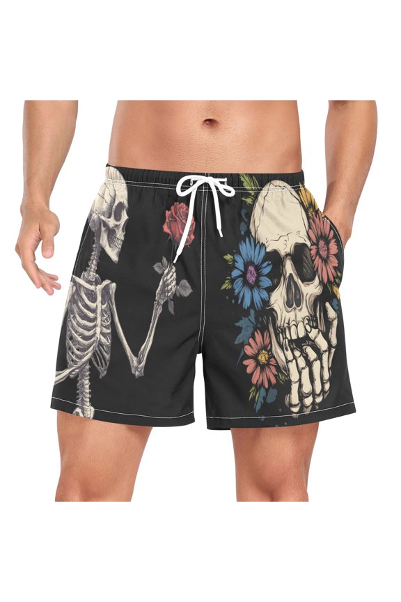 Men's Funny Cool Skull Flower Swim Trunks with Liner Pocket Beach Shorts Large