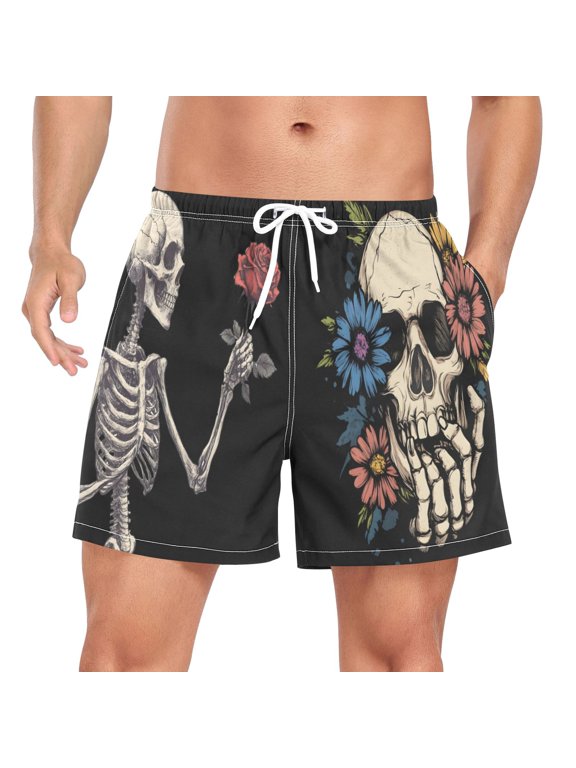 Men's Funny Cool Skull Flower Swim Trunks with Liner Pocket Beach Shorts Large