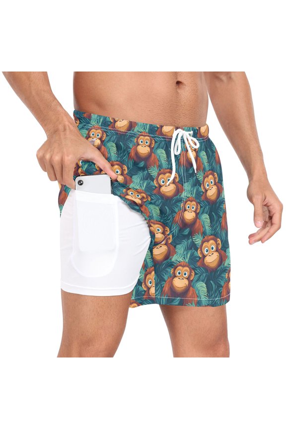 Men's Funny Gorillas Palm Leaf Swim Trunks with Liner Pocket Beach Shorts M