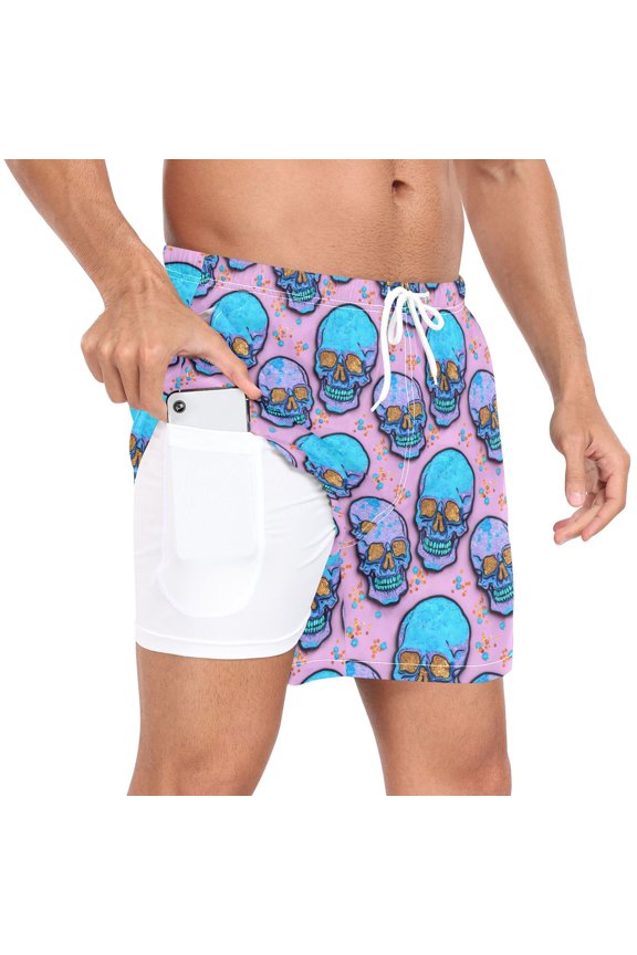 Men's Glitter Halloween Skull Swim Trunks with Liner Pocket Beach Shorts XL