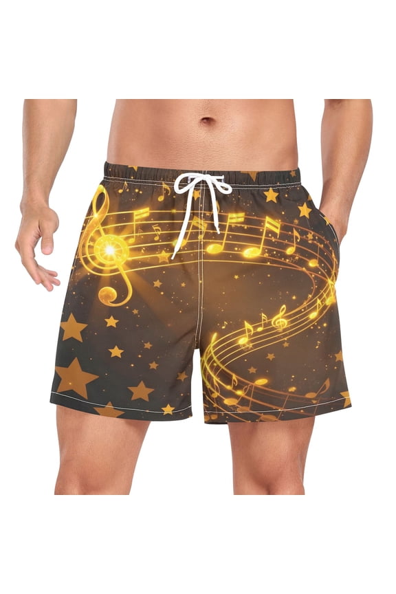 Men's Glitter Musical Notes Swim Trunks with Liner Pocket Beach Shorts Large