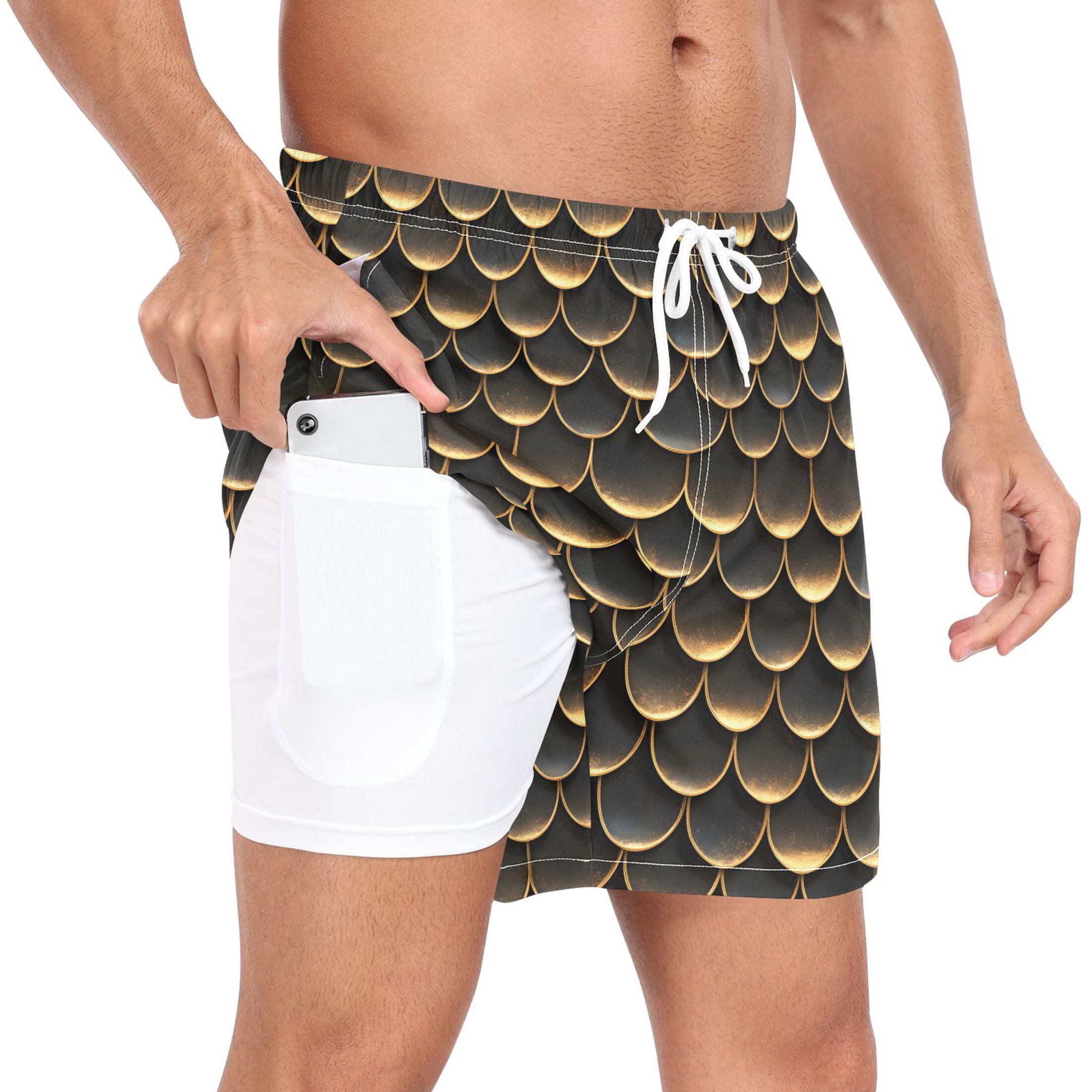 joogoo Men's Golden Dragon Scales Pattern Swim Trunks with Liner Pocket ...