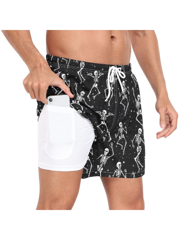 Men's Halloween Skull Dancing Swim Trunks with Liner Pocket Beach Shorts L