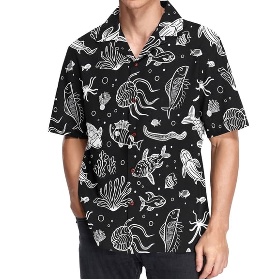 joogoo Men's Hawaiian Shirt Abstract Fish Animals Short Sleeve Casual Button Down Shirts S