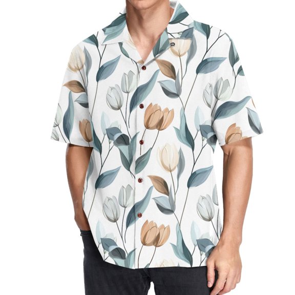joogoo Men's Hawaiian Shirt Abstract Tulip Flower Short Sleeve Casual Button Down Shirts L
