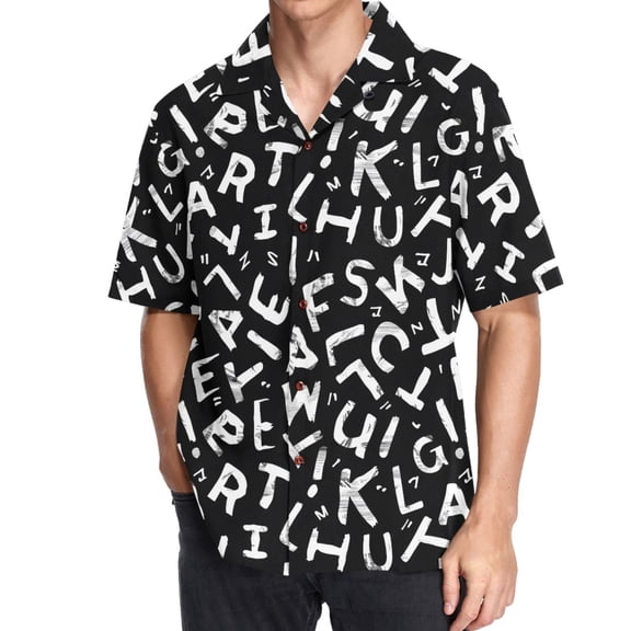 joogoo Men's Hawaiian Shirt Alphabet Pattern Short Sleeve Casual Button Down Shirts M