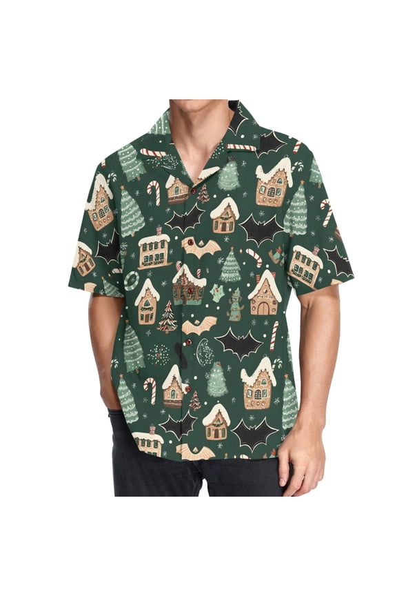 Men's Hawaiian Shirt Bat House Christmas Short Sleeve Casual Button Down Shirts XL