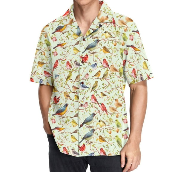 joogoo Men's Hawaiian Shirt Birds and Branch Short Sleeve Casual Button Down Shirts L