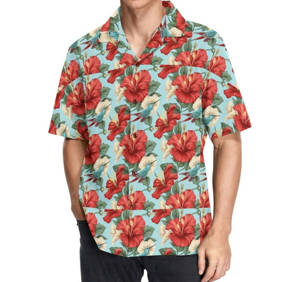 joogoo Men's Hawaiian Shirt Birds on Hibiscus Flowers Short Sleeve Casual Button Down Shirts XL