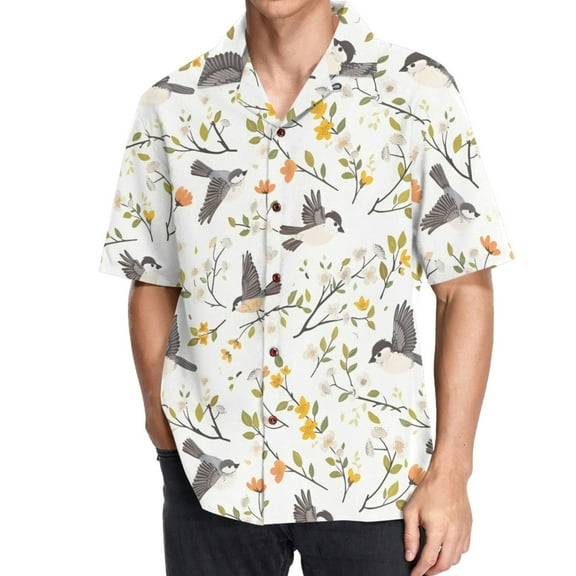 joogoo Men's Hawaiian Shirt Birds on Leaves Branch Short Sleeve Casual Button Down Shirts S