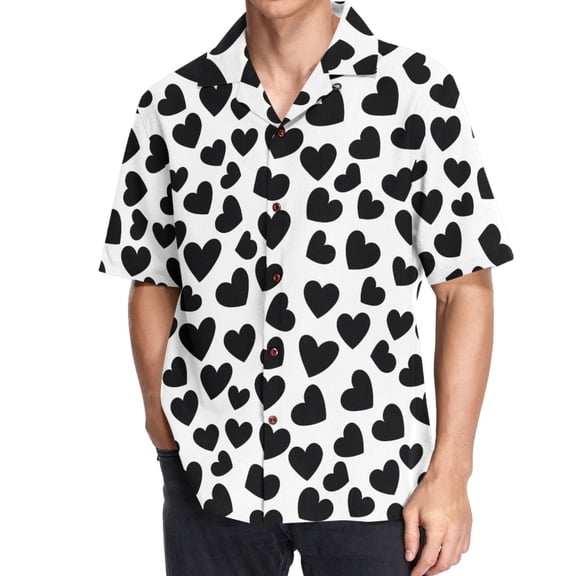joogoo Men's Hawaiian Shirt Black Heart Pattern Short Sleeve Casual Button Down Shirts XL