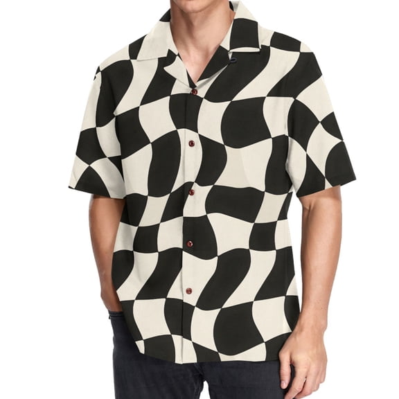 joogoo Men's Hawaiian Shirt Black and White Plaid Pattern Short Sleeve Casual Button Down Shirts L