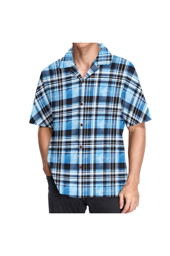 Men's Hawaiian Shirt Blue Checkered Grid Pattern Short Sleeve Casual Button Down Shirts 3XL