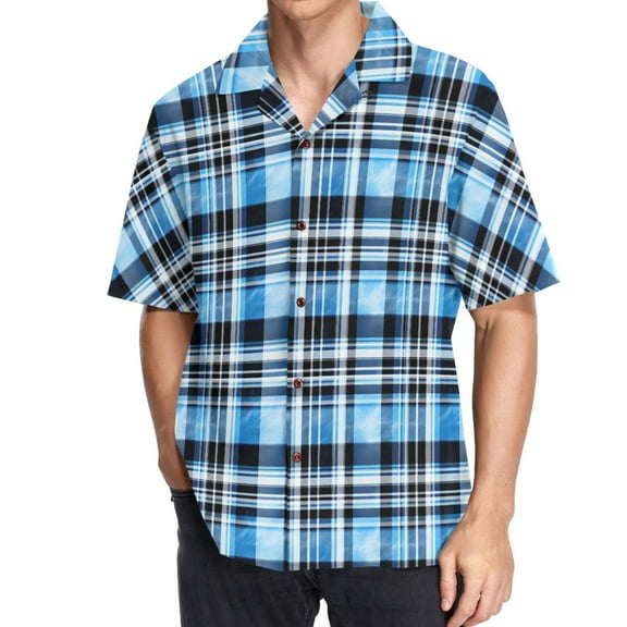 joogoo Men's Hawaiian Shirt Blue Checkered Grid Pattern Short Sleeve Casual Button Down Shirts 3XL