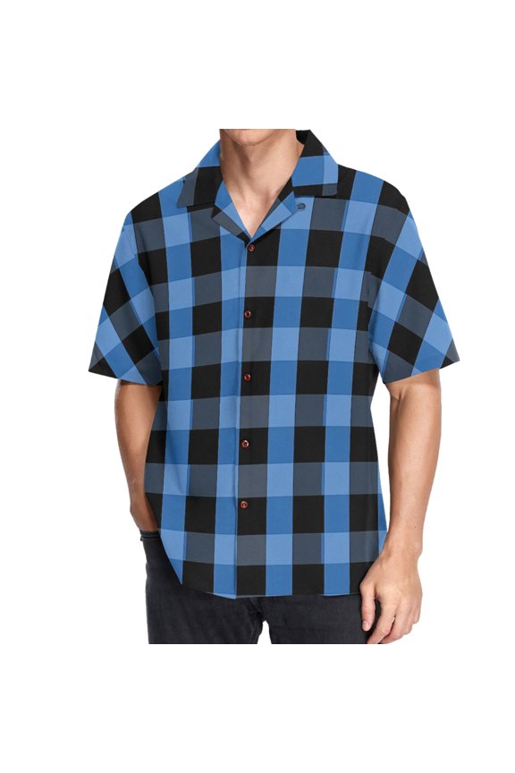 Men's Hawaiian Shirt Blue Checkered Grid Pattern Short Sleeve Casual Button Down Shirts 3XL