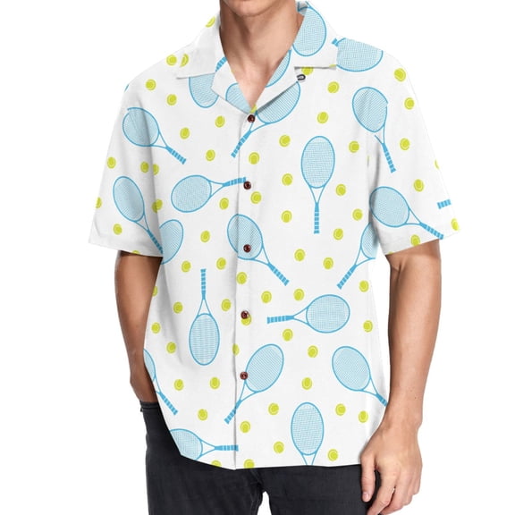 joogoo Men's Hawaiian Shirt Blue Tennis and Yellow Balls Short Sleeve Casual Button Down Shirts 2XL