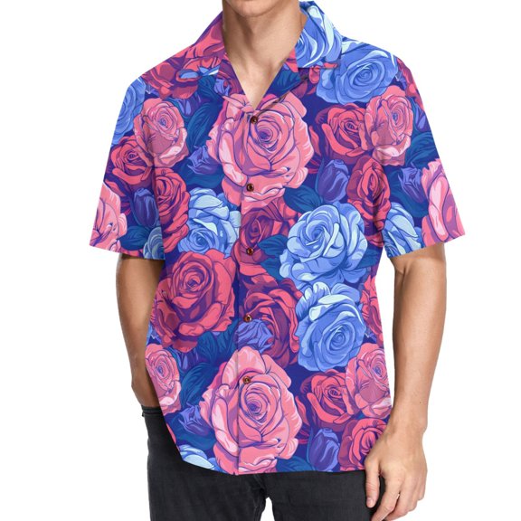 joogoo Men's Hawaiian Shirt Blue and Red Roses Flower Short Sleeve Casual Button Down Shirts 3XL