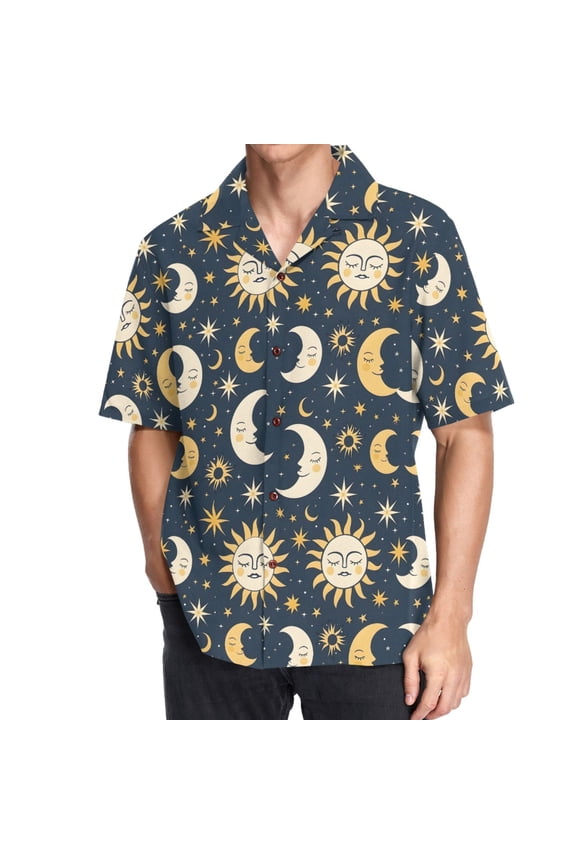 Men's Hawaiian Shirt Boho Moon and Star Short Sleeve Casual Button Down Shirts M