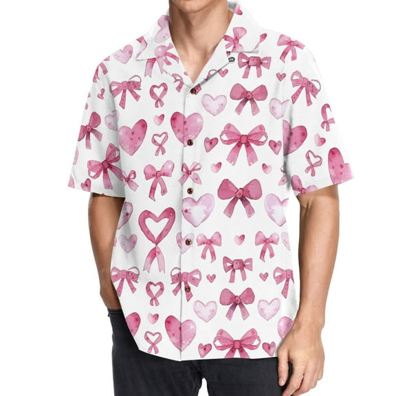 joogoo Men's Hawaiian Shirt Bows and Hearts Short Sleeve Casual Button Down Shirts M