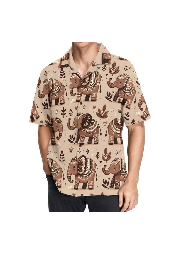 Men's Hawaiian Shirt Brown Boho Elephants Short Sleeve Casual Button Down Shirts M