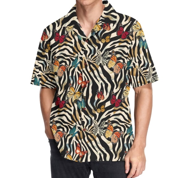 joogoo Men's Hawaiian Shirt Butterflies on Zebra Stripes Short Sleeve Casual Button Down Shirts 3XL