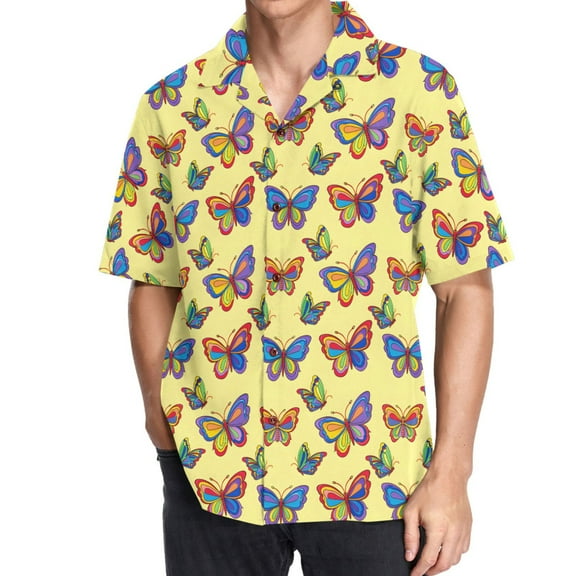joogoo Men's Hawaiian Shirt Butterfly on Yellow Short Sleeve Casual Button Down Shirts XL