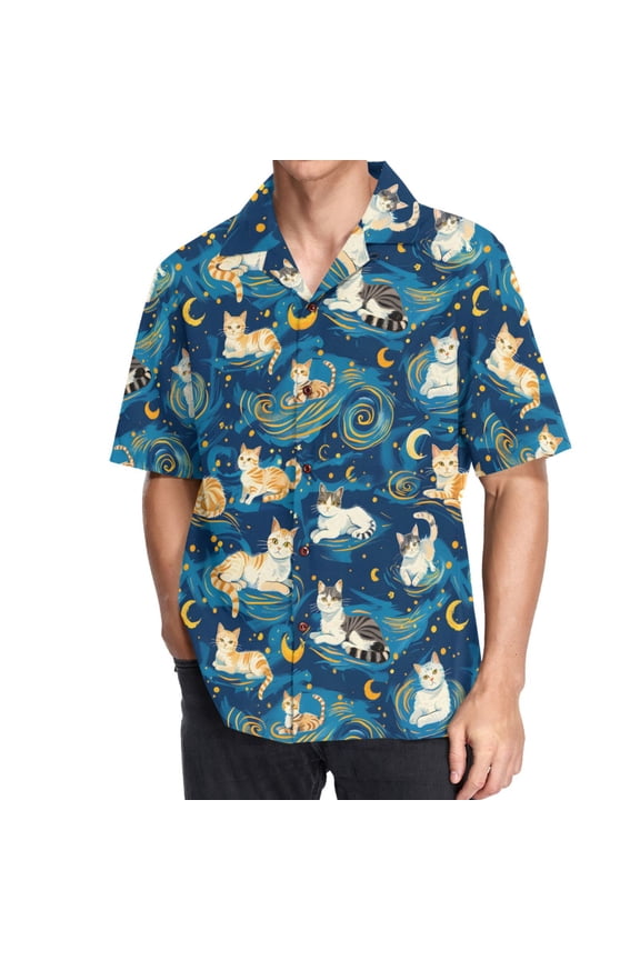 Men's Hawaiian Shirt Cartoon Cat Starry Night Short Sleeve Casual Button Down Shirts 2XL