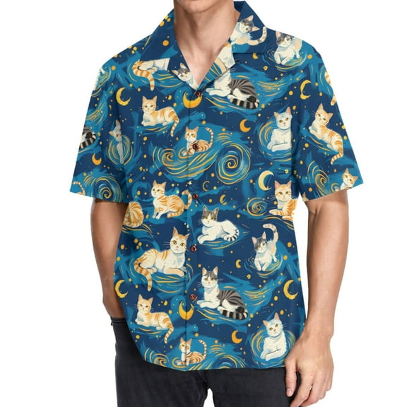 joogoo Men's Hawaiian Shirt Cartoon Cat Starry Night Short Sleeve Casual Button Down Shirts M