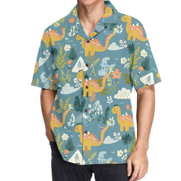joogoo Men's Hawaiian Shirt Cartoon Dinosaurs Short Sleeve Casual Button Down Shirts L