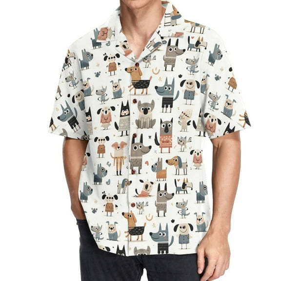 joogoo Men's Hawaiian Shirt Cartoon Doodle Dogs Short Sleeve Casual Button Down Shirts M