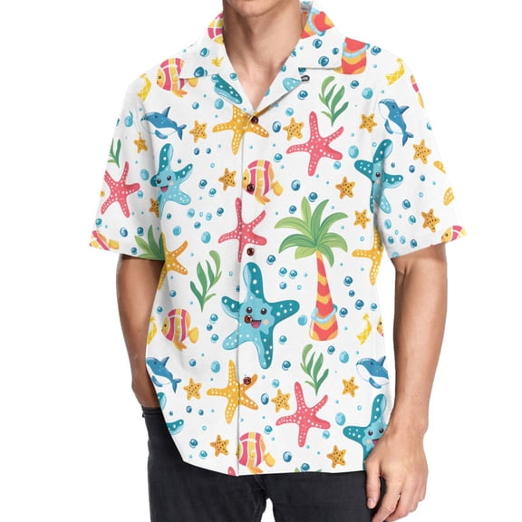 joogoo Men's Hawaiian Shirt Cartoon Sea Stars Palm Tree Short Sleeve Casual Button Down Shirts 3XL