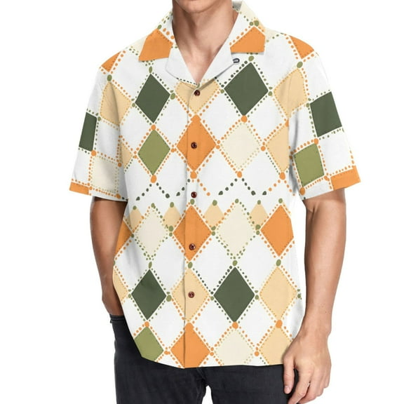 joogoo Men's Hawaiian Shirt Checkered Grid Pattern Short Sleeve Casual Button Down Shirts L