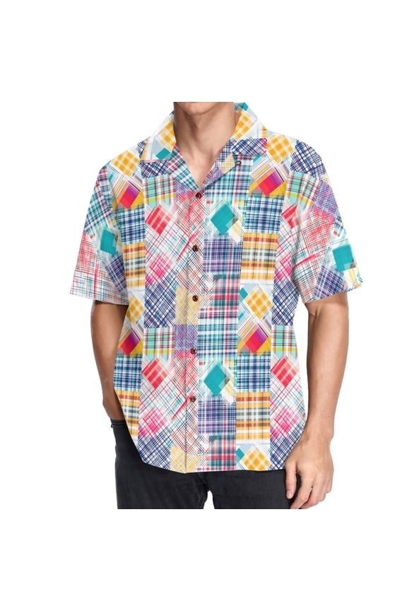 Men's Hawaiian Shirt Checkered Grid Pattern-a1 Short Sleeve Casual Button Down Shirts 3XL