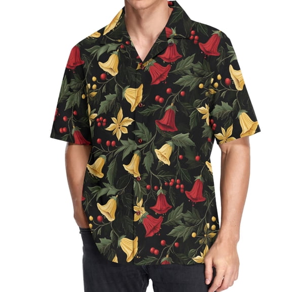 joogoo Men's Hawaiian Shirt Christmas Bells Flower Short Sleeve Casual Button Down Shirts S