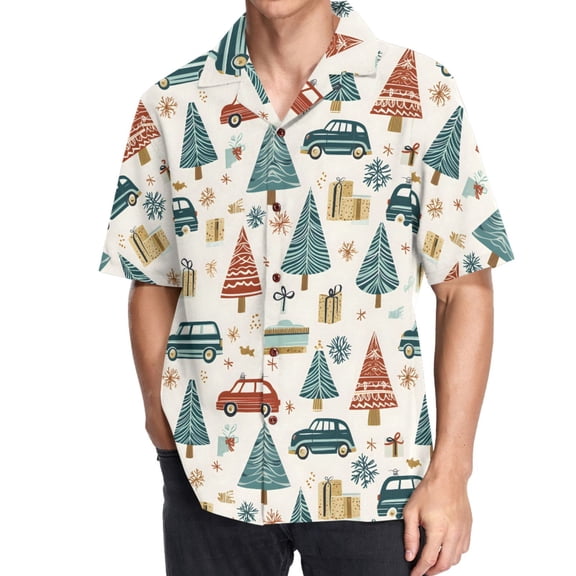 joogoo Men's Hawaiian Shirt Christmas Trees Gift Short Sleeve Casual Button Down Shirts L