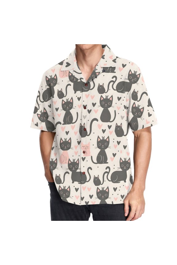 Men's Hawaiian Shirt Cute Cats and Heart Short Sleeve Casual Button Down Shirts 3XL