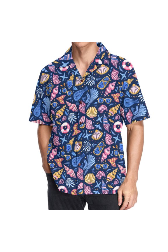Men's Hawaiian Shirt Cute Conch Sea Shells Short Sleeve Casual Button Down Shirts 2XL