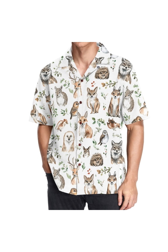 Men's Hawaiian Shirt Cute Fox Owls Short Sleeve Casual Button Down Shirts S
